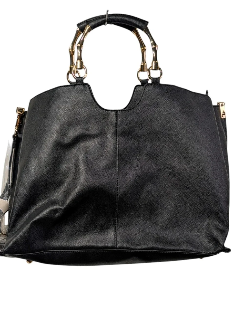 Women's Black Tote Bag Gold Bamboo Handles Structured Shoulder Bag NWOT